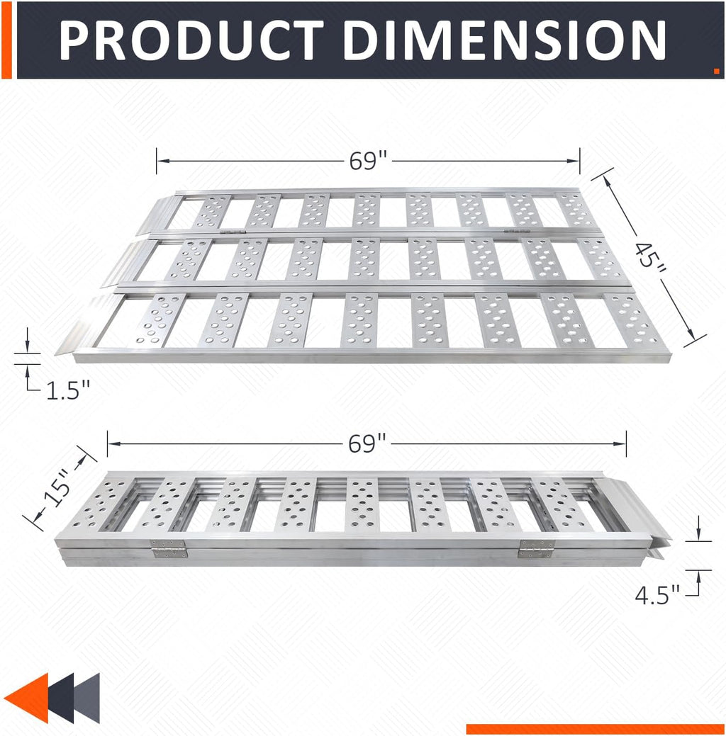 Aluminum Tri-Fold Ramp with Treads, 1600 lbs Capacity/535lbs per Section, ATV Ramp with Load Straps for Motorcycles