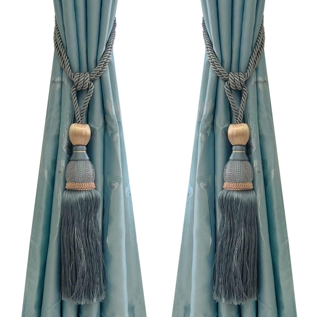 Set of 2 Gray Blue Ball Tassel Curtain Tiebacks Braided Window Decor