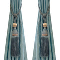 Set of 2 Gray Blue Ball Tassel Curtain Tiebacks Braided Window Decor