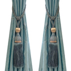 Set of 2 Gray Blue Ball Tassel Curtain Tiebacks Braided Window Decor