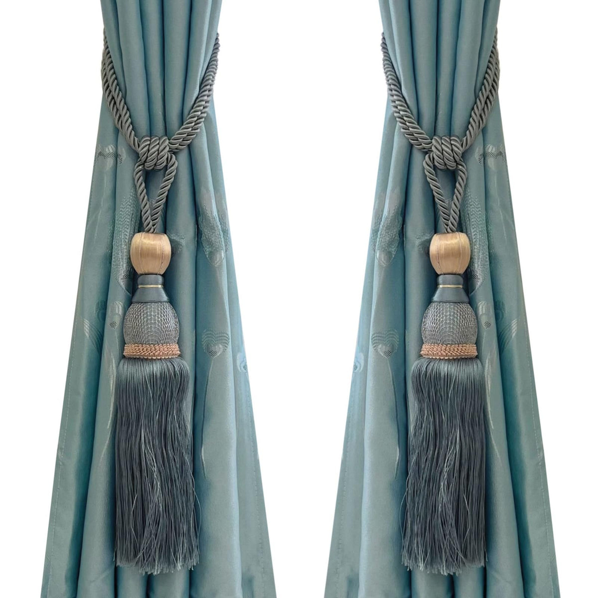 Set of 2 Gray Blue Ball Tassel Curtain Tiebacks Braided Window Decor