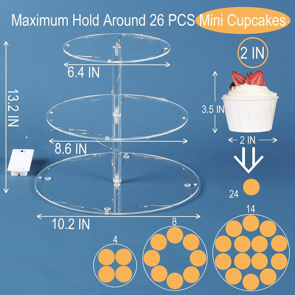 3 Tier Round Cupcake Stand Cupcake Holder, Acrylic Cupcake Tower with LED Yellow Light for 24 Cupcakes, Dessert Table