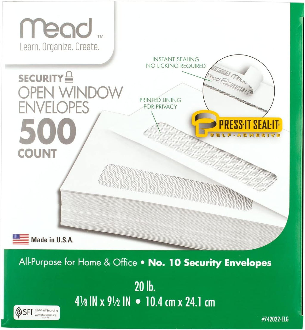 #10 Envelopes, Letter Size, 4-1/8" x 9-1/2", Security Printed Lining for Privacy, Press-It Seal-It Self Adhesive