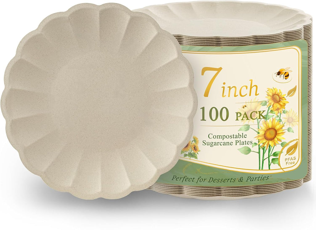 100 Pcs Paper Plates Compostable plates 7 Inch Paper Plates Natural