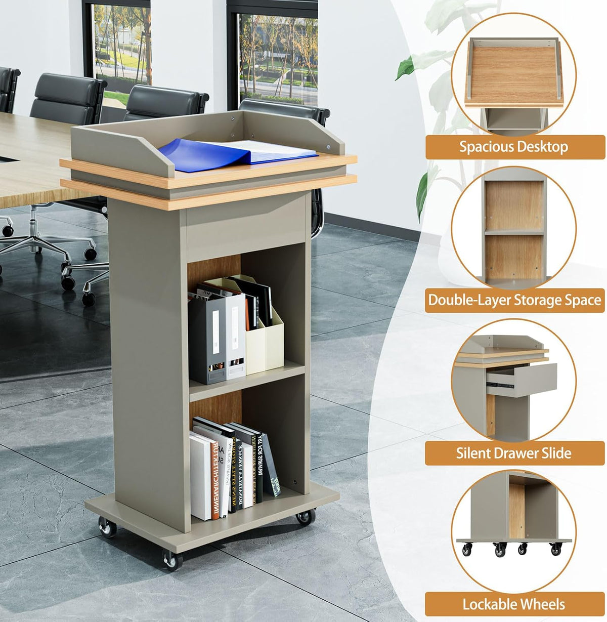 Wooden Podium Stand, Portable Standing Pulpit with Wheels and Drawer, Mobile Lectern Stand for Church, Wedding