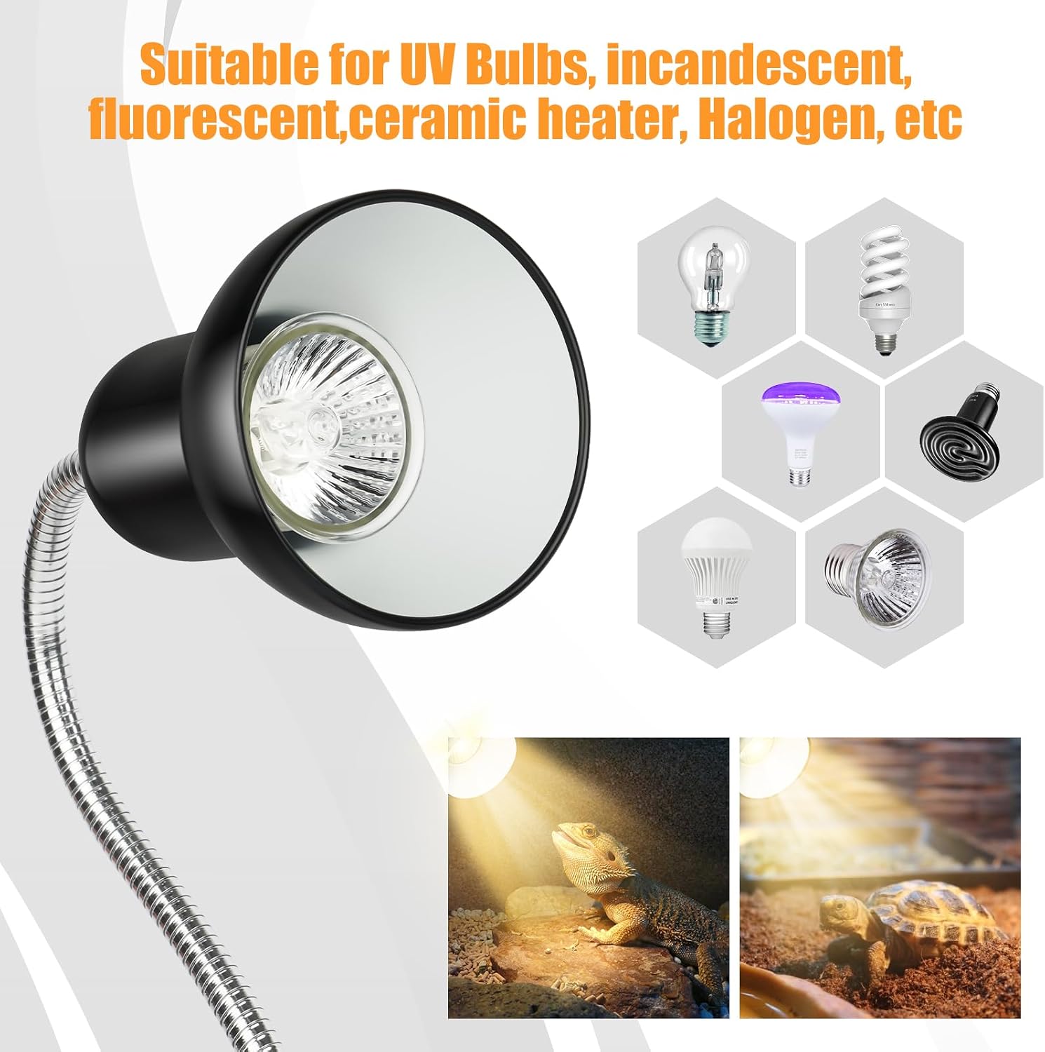 Reptile Heat Lamp UVA/UVB Light with Stepless Dimming, 360 Rotatable Gooseneck Clip-On Heating Lamp for Turtle Tank