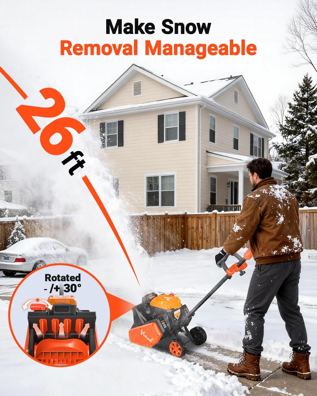 56V Cordless Snow Shovel, 14" Electric Snow Blower, 2000W Brushless Motor Battery Snow Shovel, 26FT Throw Distance