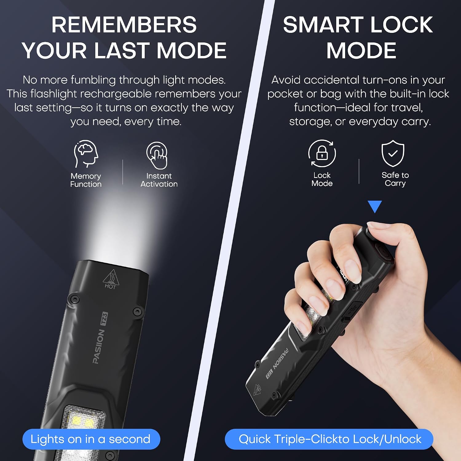 EDC Tactical Flashlight, Flat Flashlights Rechargeable,Dual-Switches LED Small Flashlight with Digital