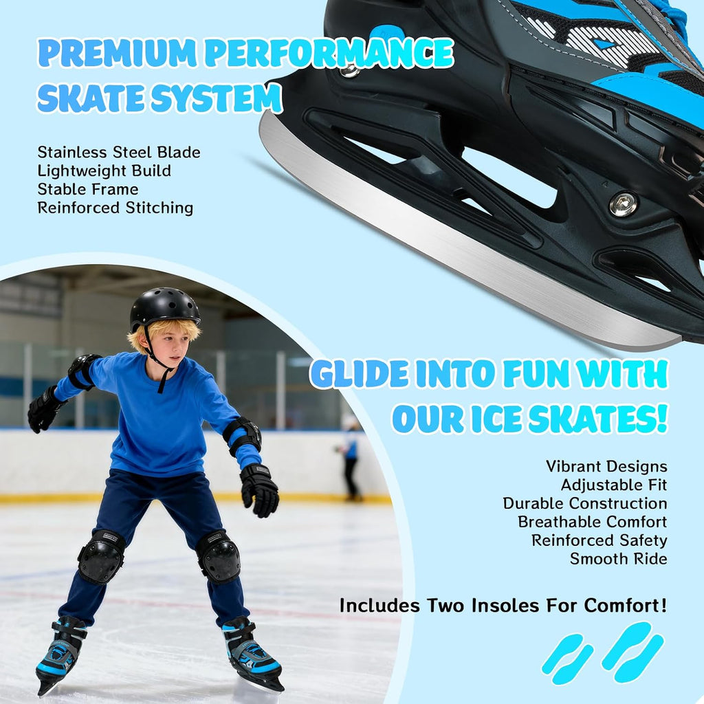 Adjustable ice Skates for Kids Boys Girls, 4 Size Triple Protection Beginner Figure Blades with Ankle Support for