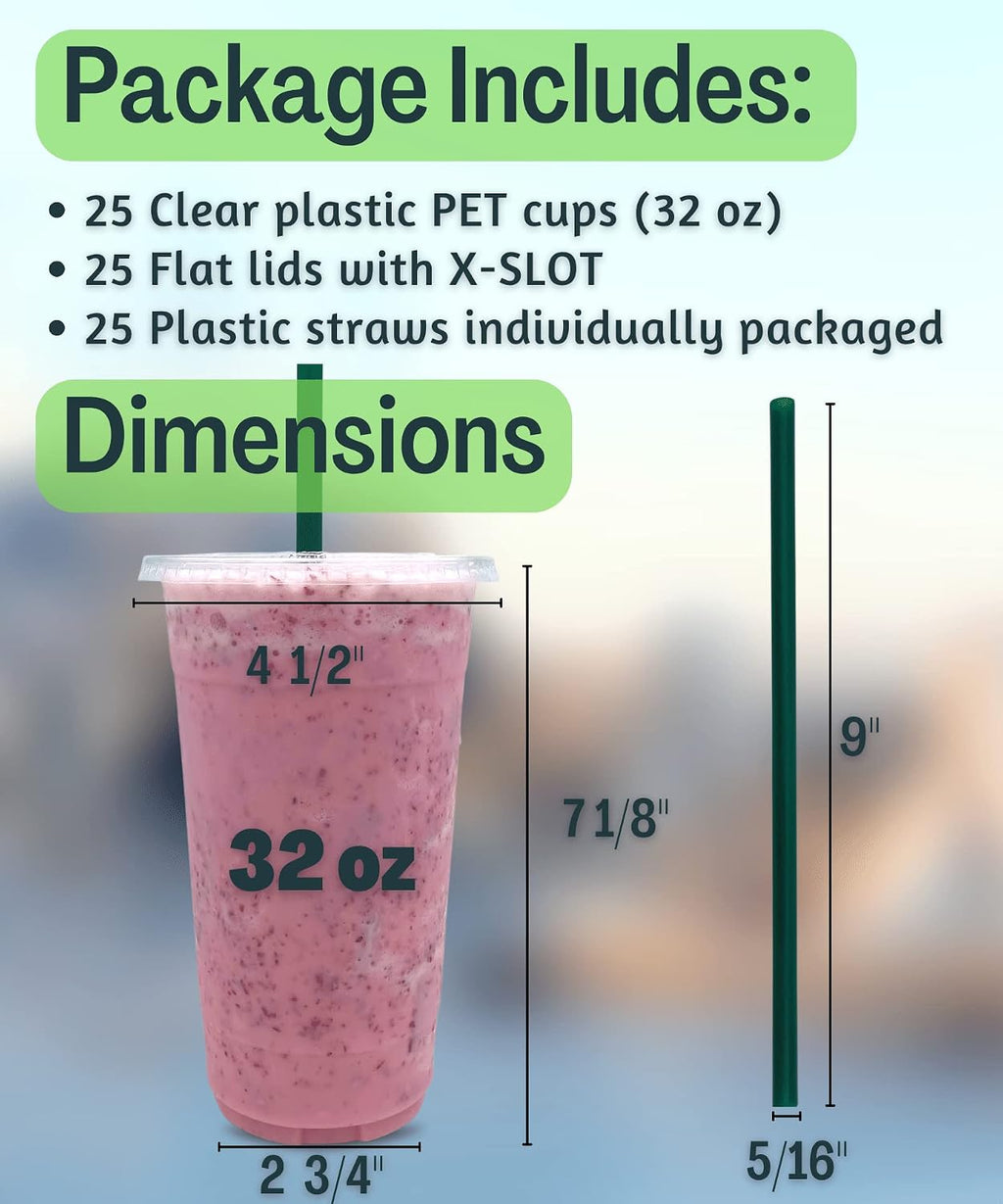 32 oz Clear Plastic Cups with Lids and STRAWS, Disposable Drinking Cups for Cold Drinks, Iced Coffee, Milkshakes