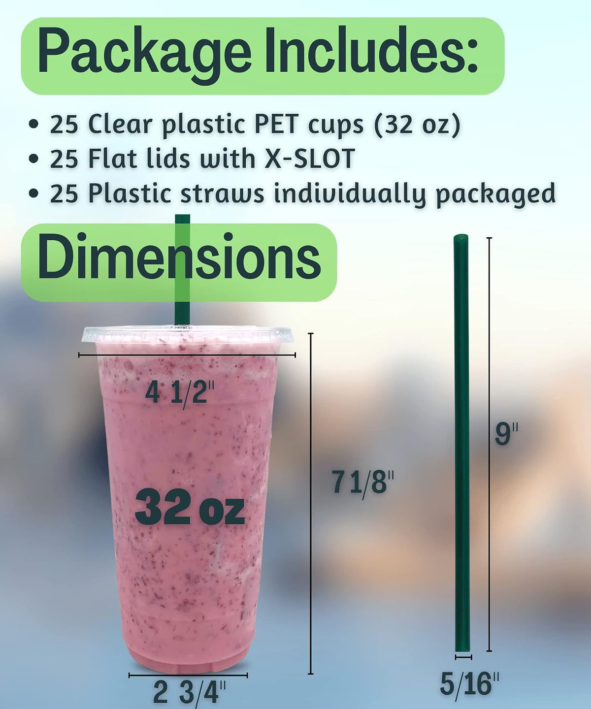 32 oz Clear Plastic Cups with Lids and STRAWS, Disposable Drinking Cups for Cold Drinks, Iced Coffee, Milkshakes