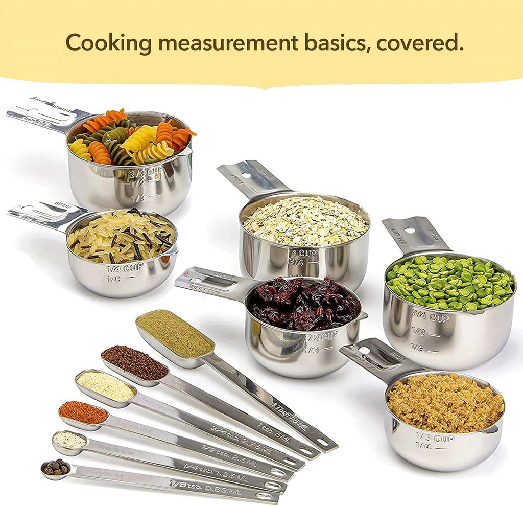 Measuring Cups & Spoons Set of 12, 18/08 Stainless Steel Kitchen Gadgets, Stackable Design with Long Handle Spoons
