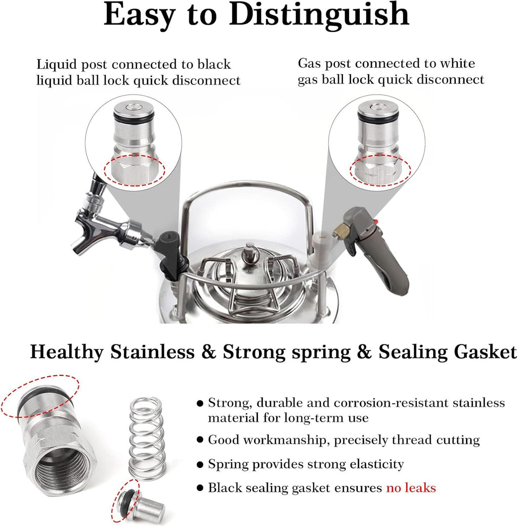 2 Pairs Ball Lock Keg Post – Homebrew Gas & Liquid Corny Keg Connectors | Stainless Steel, Standard 19/32"-18 Thread