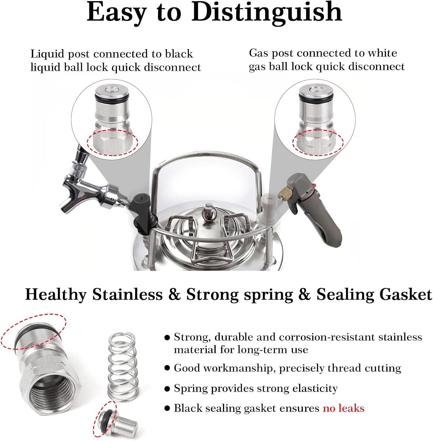 2 Pairs Ball Lock Keg Post – Homebrew Gas & Liquid Corny Keg Connectors | Stainless Steel, Standard 19/32"-18 Thread