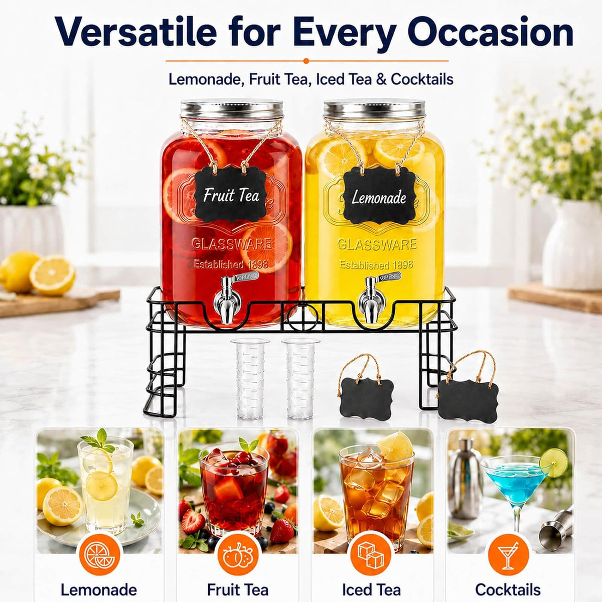 2 Gallon Glass Drink Dispensers for Parties with Stand, 2 Pack
