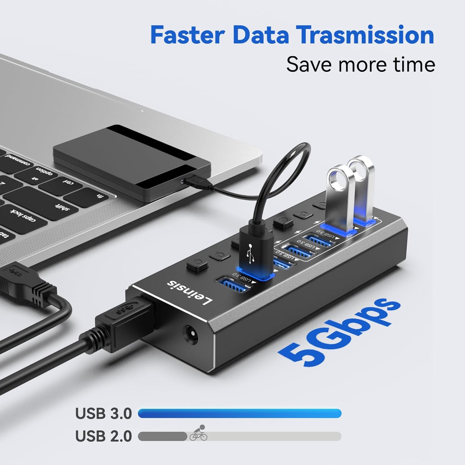 Powered USB Hub 3.0, Leinsis 7-Port USB 3.0 Hub [Durable Aluminum] 7 Data Transfer Ports+ 4 Smart Charging Ports with