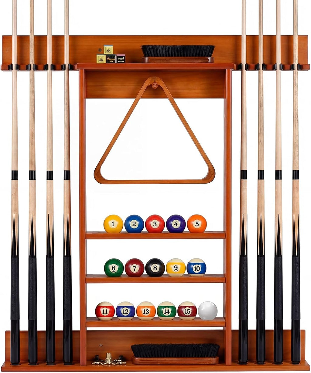 Pool Cue Rack, Wall Mounted Billiard Stick Holder, Made of Solid Pine Wood, Holds 8 Cues & Full Ball Set & 1 Ball