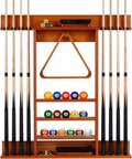 Pool Cue Rack, Wall Mounted Billiard Stick Holder, Made of Solid Pine Wood, Holds 8 Cues & Full Ball Set & 1 Ball