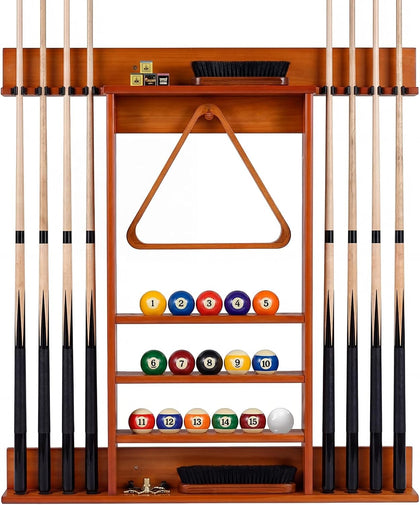 Pool Cue Rack, Wall Mounted Billiard Stick Holder, Made of Solid Pine Wood, Holds 8 Cues & Full Ball Set & 1 Ball