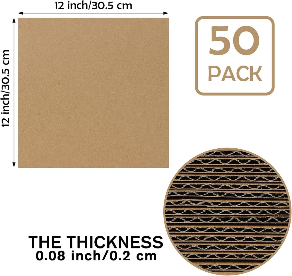 12x12 Browm Corrugated Cardboard Sheets, Flat Card Boards Inserts for Crafts, Packing, Shipping, Moving, Mailing, 50