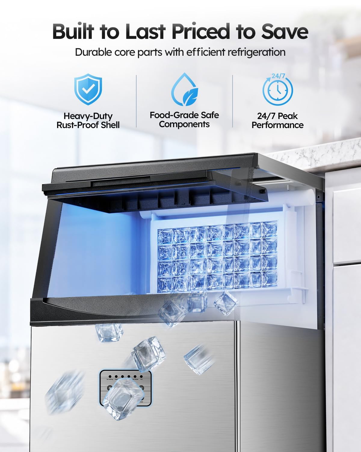 Commercial Ice Maker 200lbs/24h with 50lbs Storage Bin 2 Water Inlet