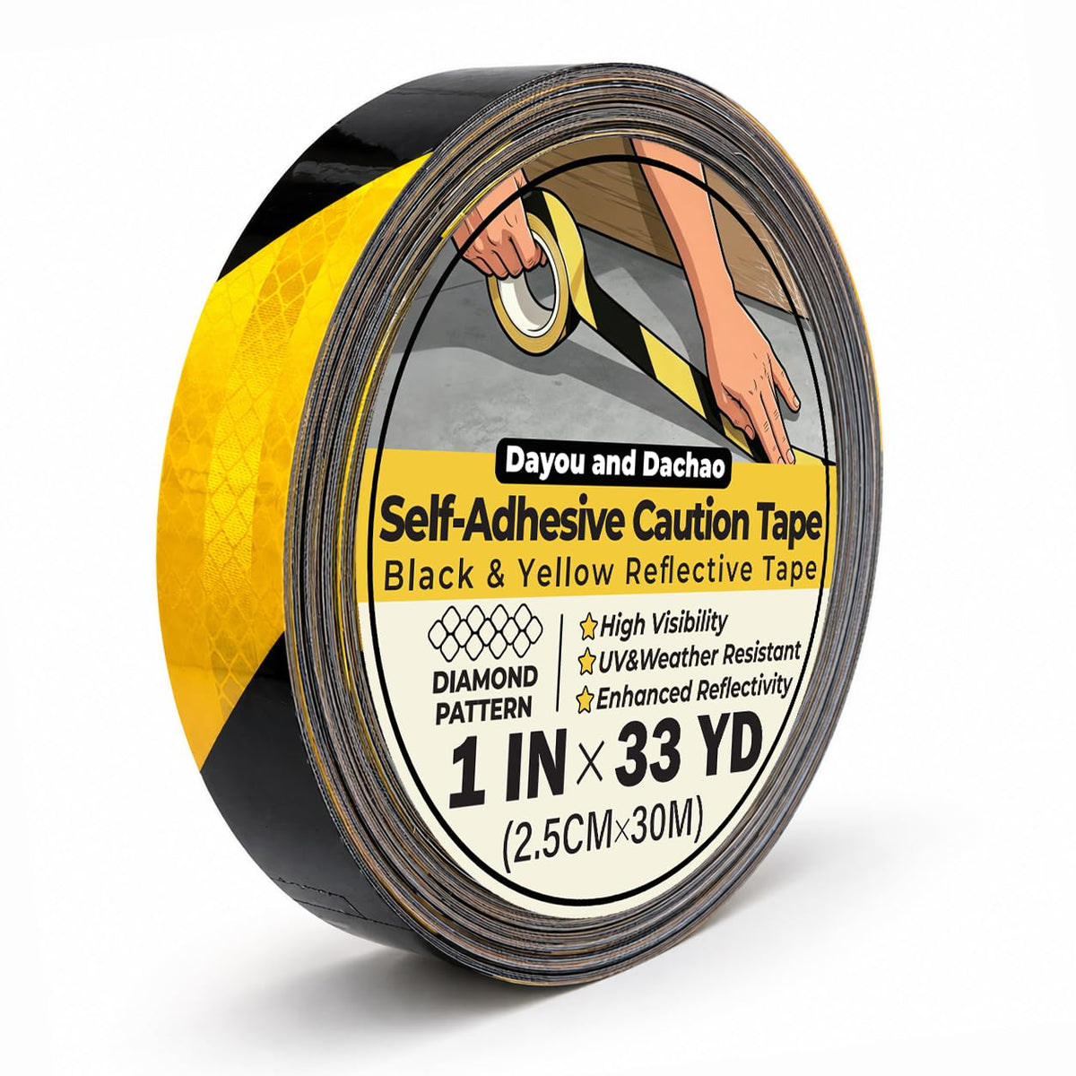 Black & Yellow Tape Roll(1in*33YD) Safety Stripe Waring Tape.Self Adhesive Hazard Tape with Diamond Reflective