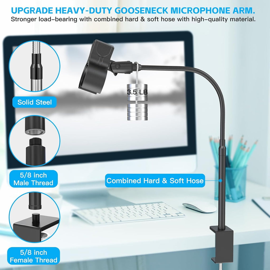 Microphone Stand Gooseneck, 19-Inch Mic Arm Stand with Adjustable Microphone Clip Holder and 3/8" to 5/8" Screw