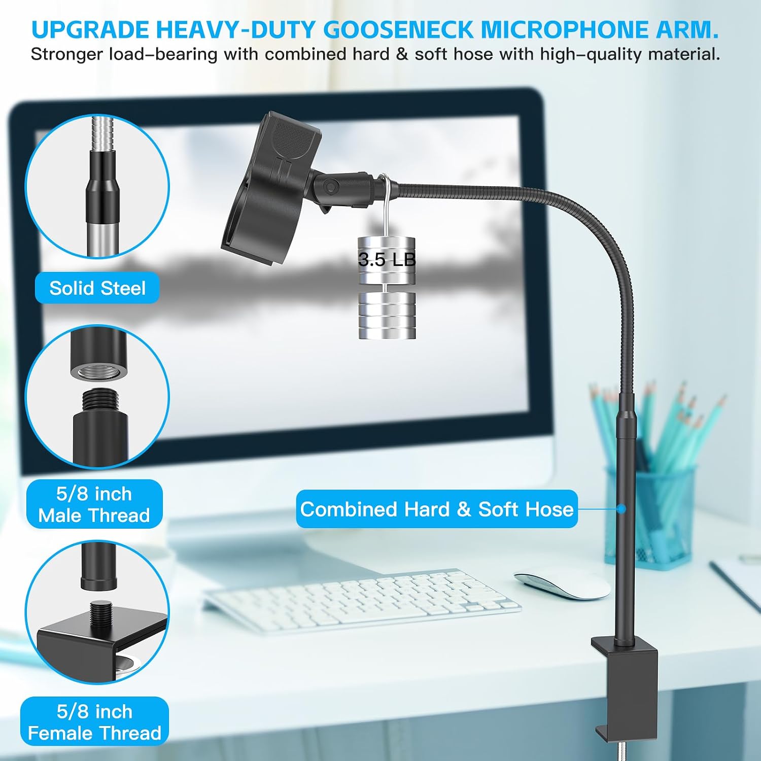 Microphone Stand Gooseneck, 19-Inch Mic Arm Stand with Adjustable Microphone Clip Holder and 3/8" to 5/8" Screw