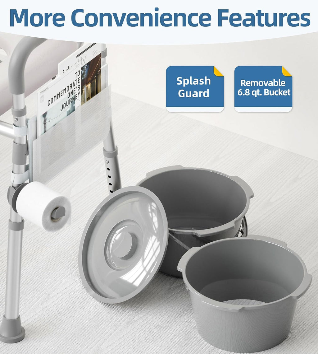 Bedside Commode with Padded Seat and Backrest, Aluminum Commode Toilet with Bucket, Easy Cleaning Portable Toilet for