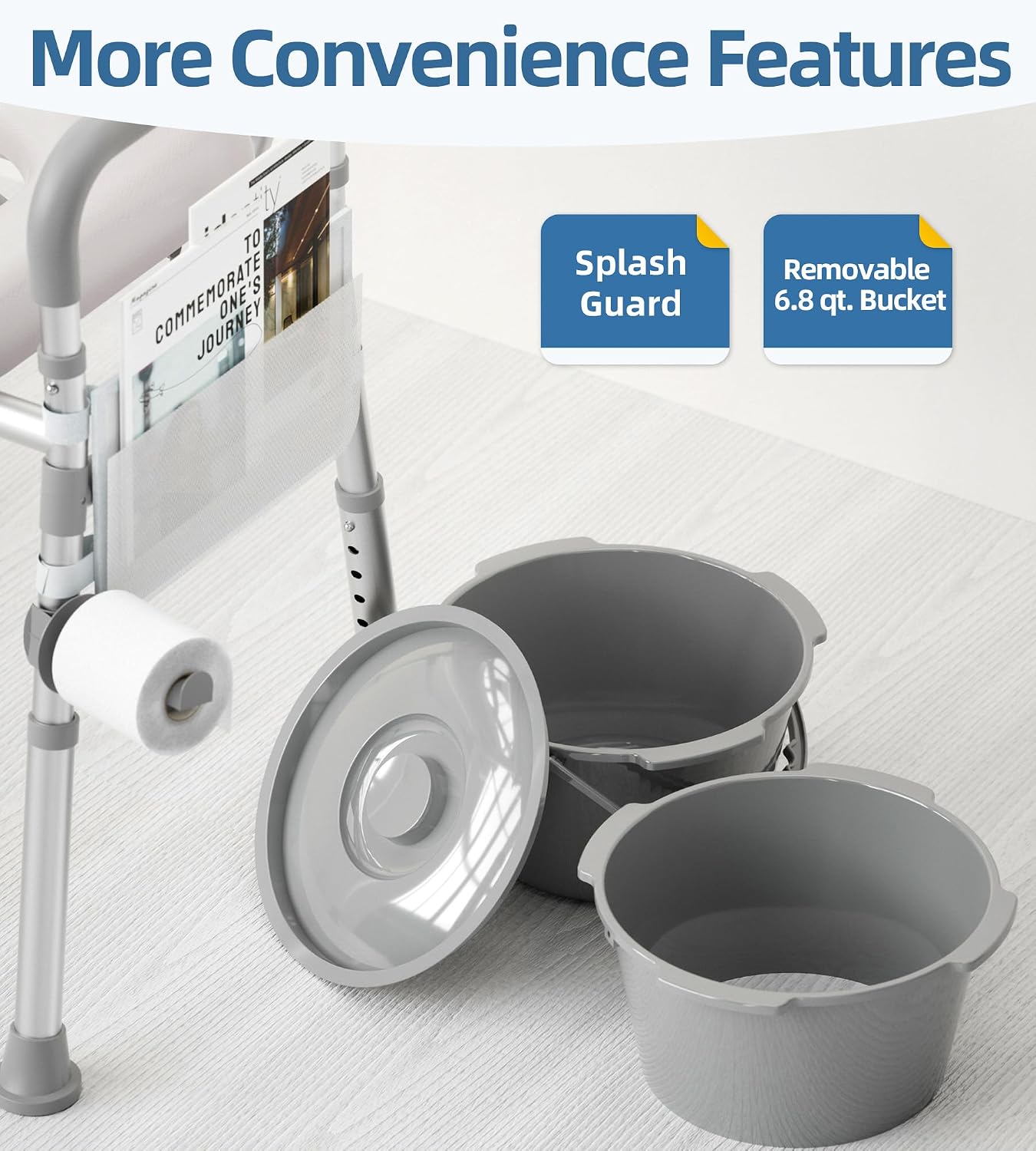 Bedside Commode with Padded Seat and Backrest, Aluminum Commode Toilet with Bucket, Easy Cleaning Portable Toilet for