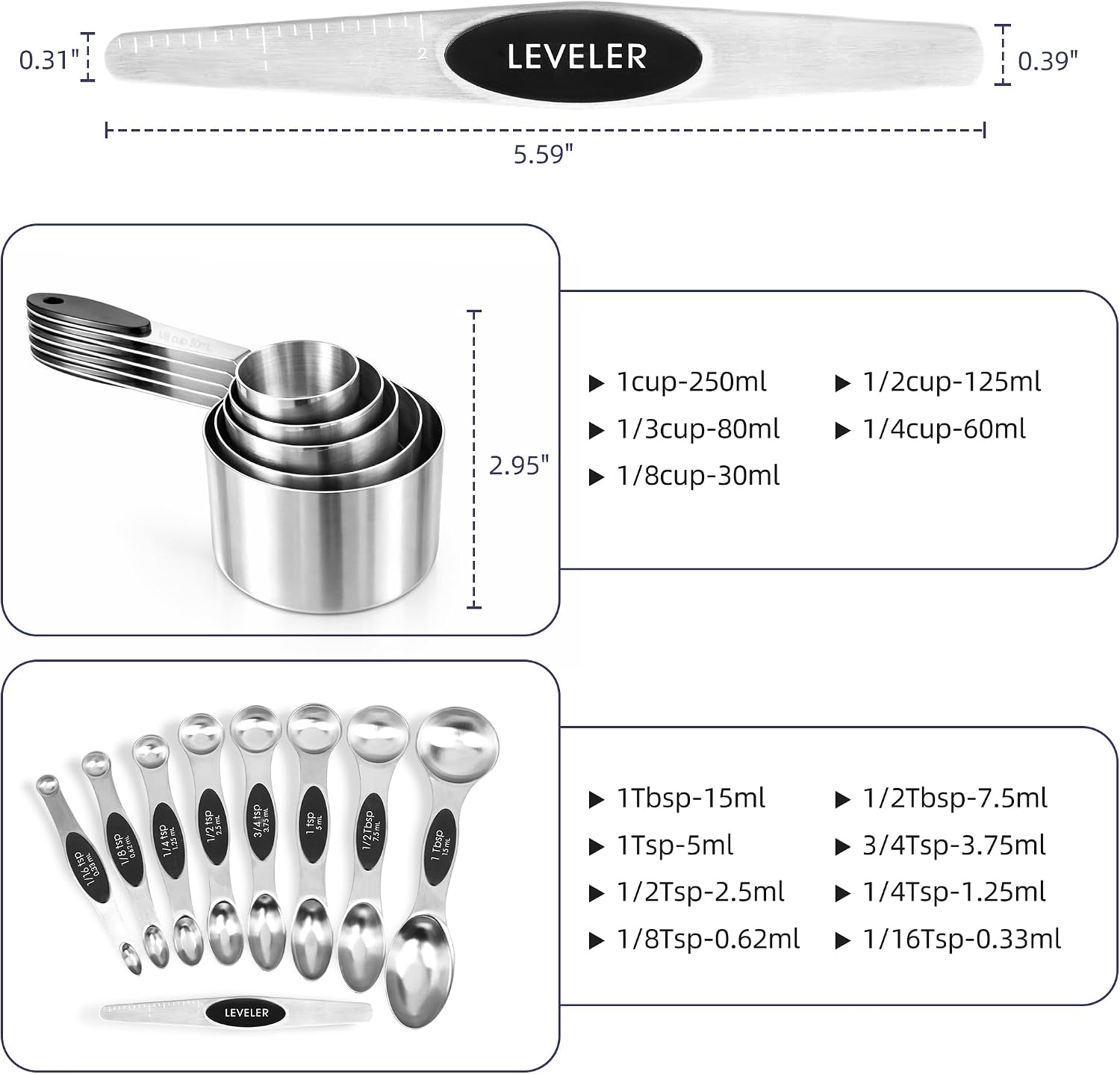 Magnetic Measuring Cups and Spoons Set, Strong N45 Magnets, 304 Stainless Steel, Double-Sided Measuring Spoons