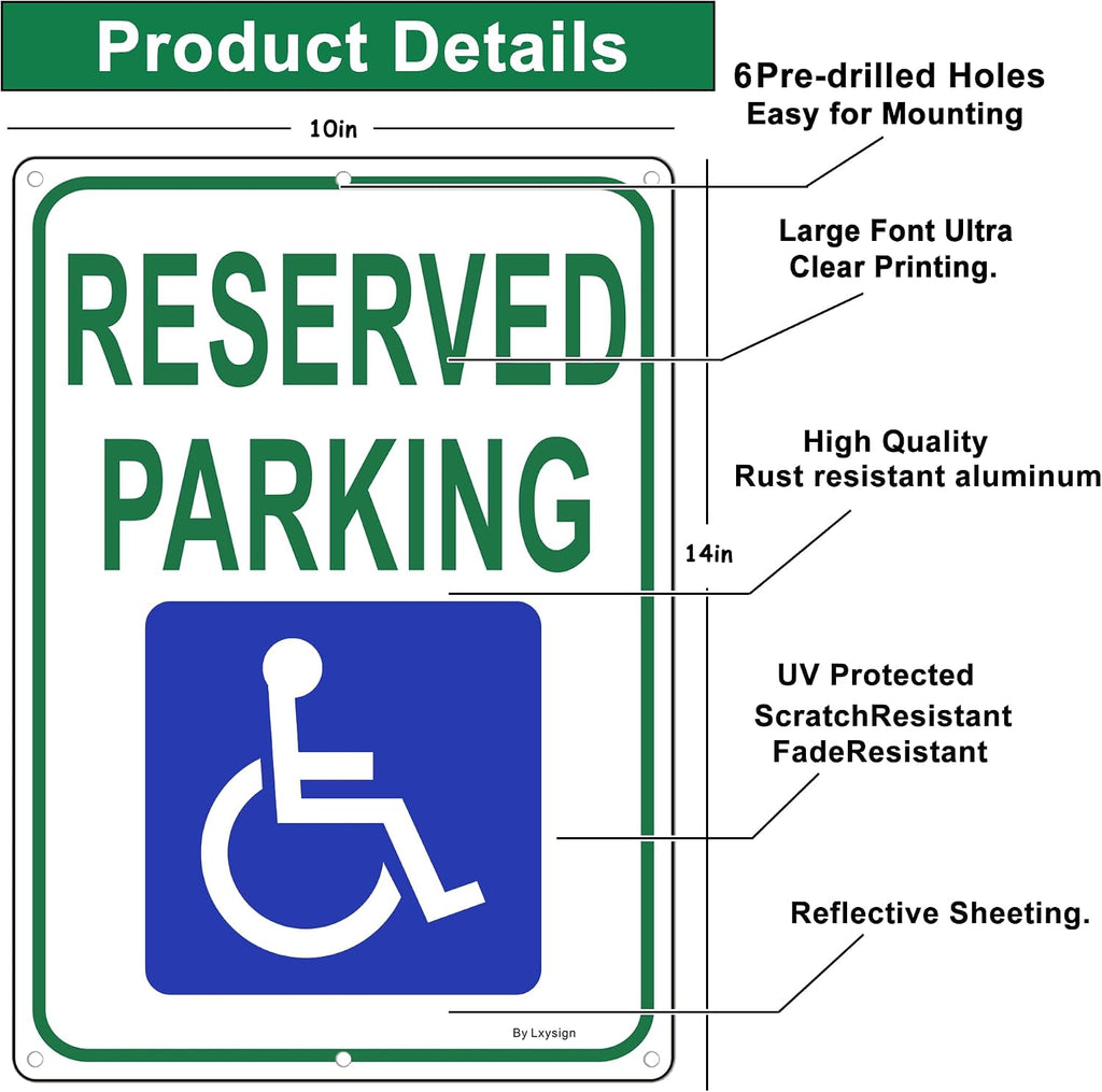 (2Pack) Reserved Parking Sign, Handicap Parking Sign, 14 x 10 x 0.04 in, Reflective Rust Free Aluminum, Weather