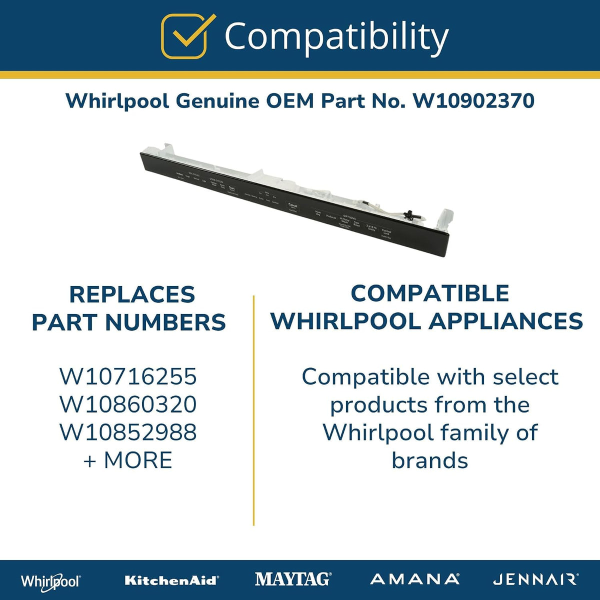 Whirlpool W10902370 Genuine OEM Dishwasher Control Board Replacement Part - Replaces W10716255, W10860320, and W10852988