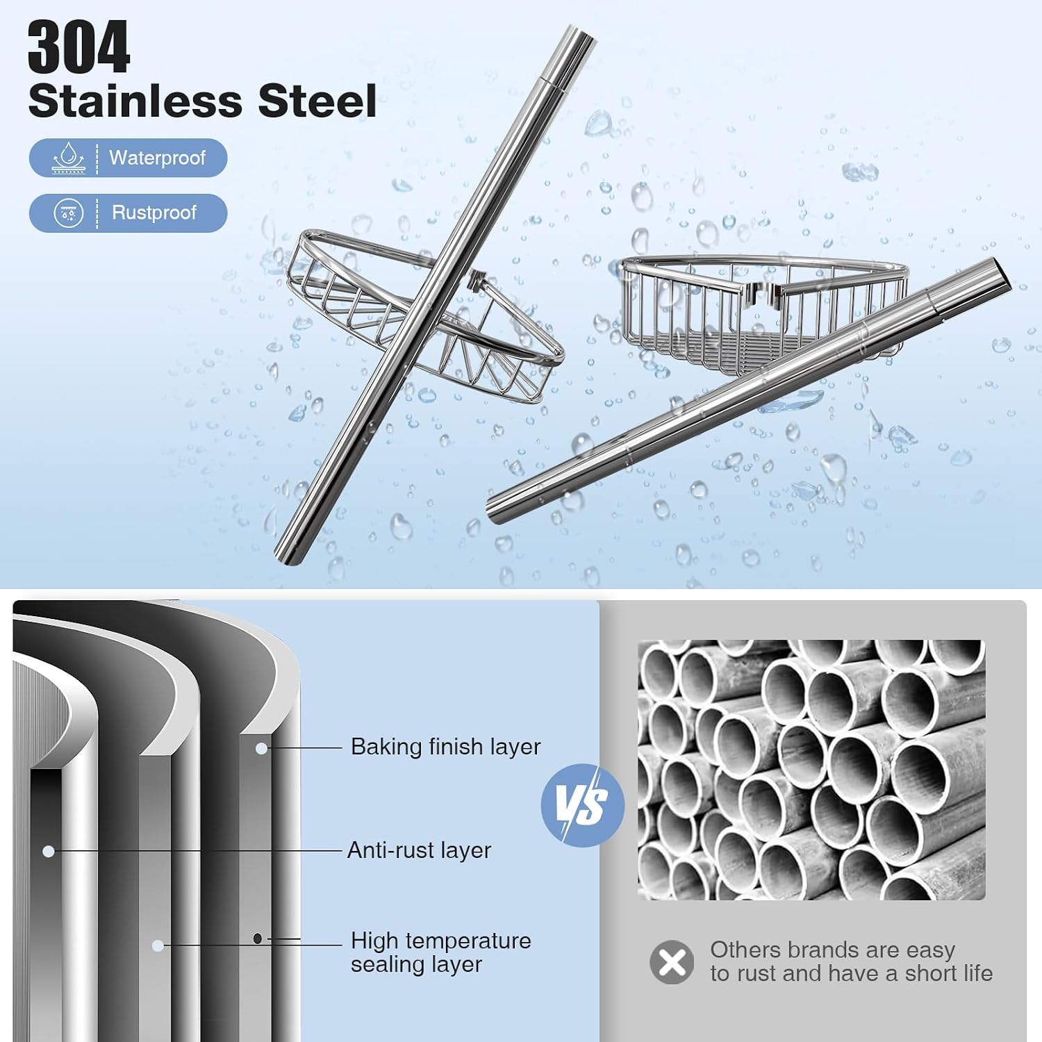 Corner Shower Caddy Tension Pole: Stainless Steel Rustproof 4-Tier Shower Organizer - 47-121 inch Adjustable Bathroom