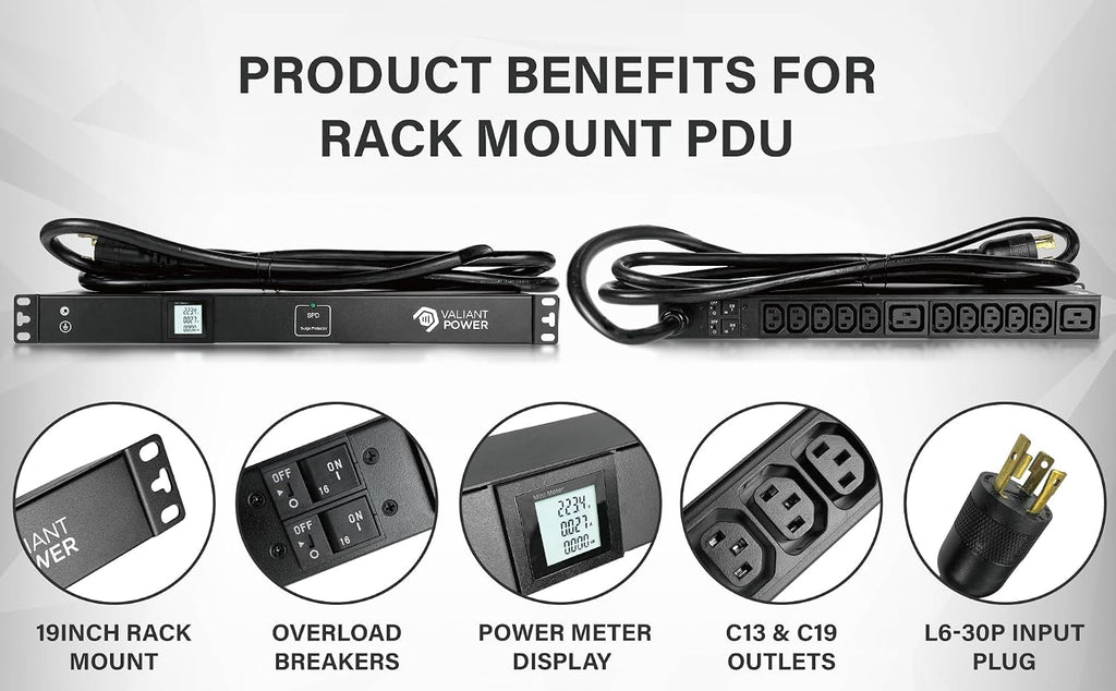 Rack Mount Power Strip - 240V 30A 2C19 & 10 C13 outlets PDU with 20,000 amp Surge Protector, Volt & Amp Meter for