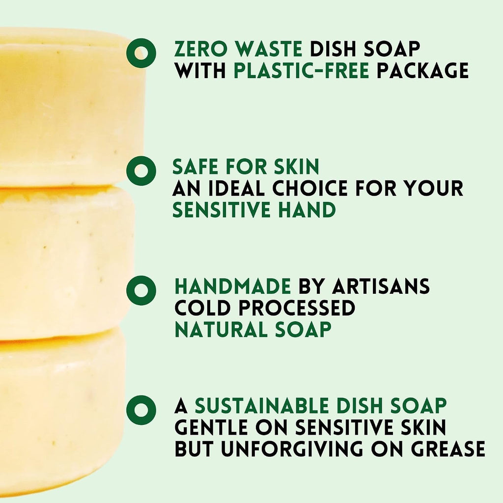 Zero Waste Natural Dish Soap Bar (Pack of 3 Bars) - Solid Vegan Dishwashing Block - Cold Processed, Eco Friendly