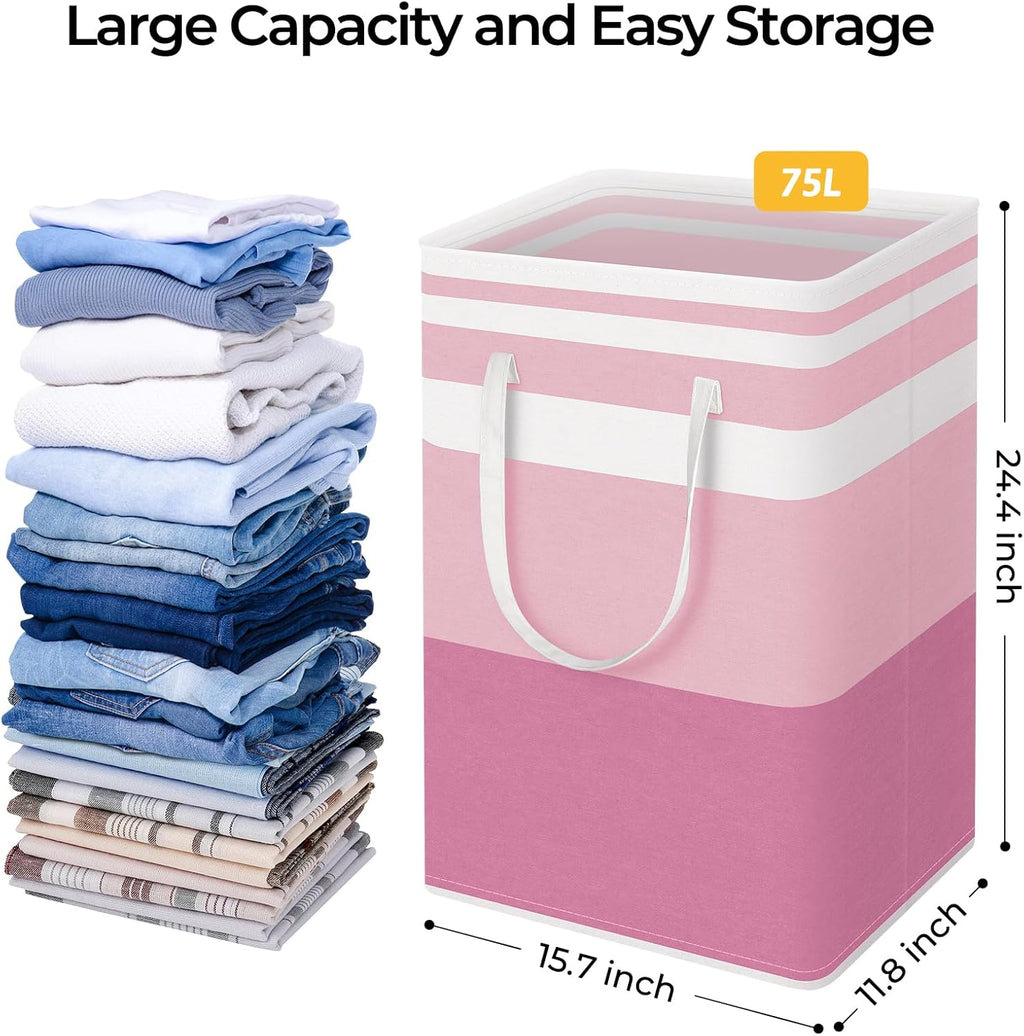 2 Pack Laundry Baskets, Laundry Hampers Bags (Blue+Pink 75L) | Waterproof, Freestanding, Collapsible Clothes Hamper