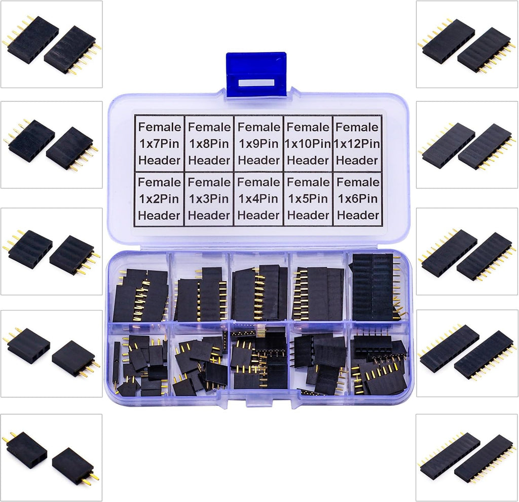 2.54mm Female Pin Headers Kit, 2-12P, 80pcs, Black, Plastic, PCB Mount, Plug-In