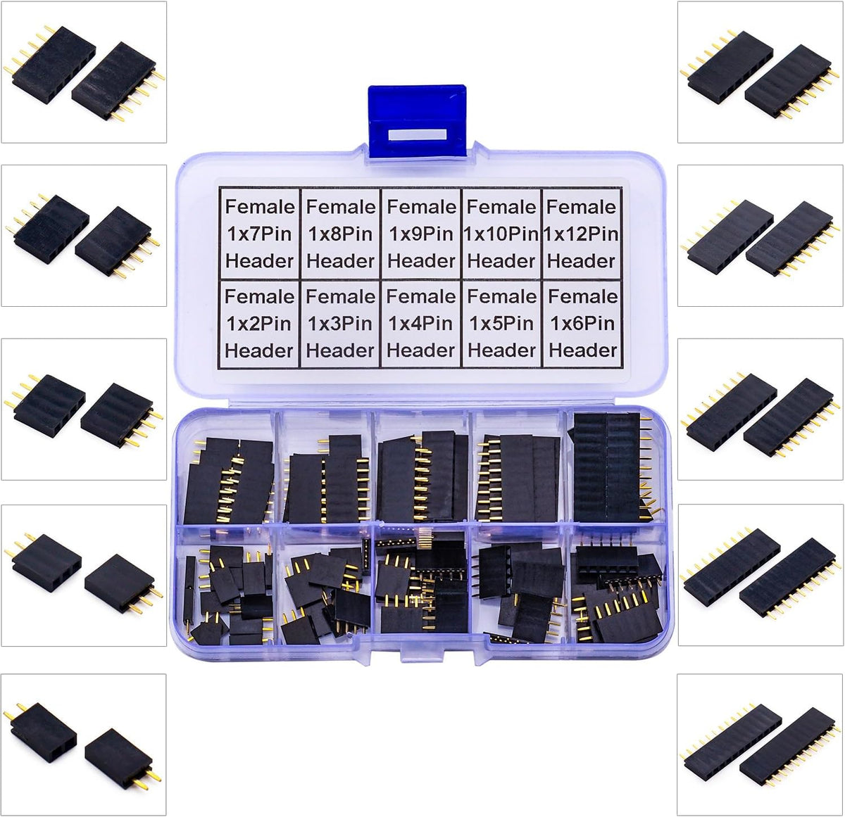 2.54mm Female Pin Headers Kit, 2-12P, 80pcs, Black, Plastic, PCB Mount, Plug-In
