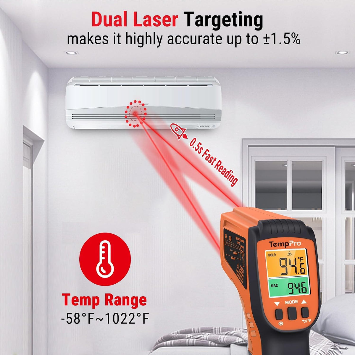 TempScan Infrared Thermometer Gun with 2 Laser for Pizza Oven Grill