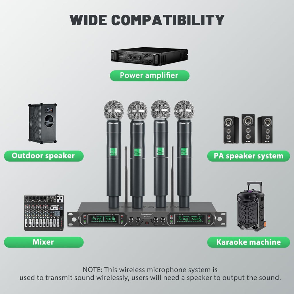 4-Ch UHF Fixed Frequency Wireless Microphone System PTU-5000-4H | 4 Dynamic Handheld Mics, Metal Build, 260 ft Range