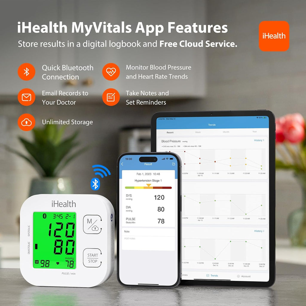Track Smart Upper Arm Blood Pressure Monitor with Wide Range Cuff that fits Standard to Large Adult Arms, Bluetooth
