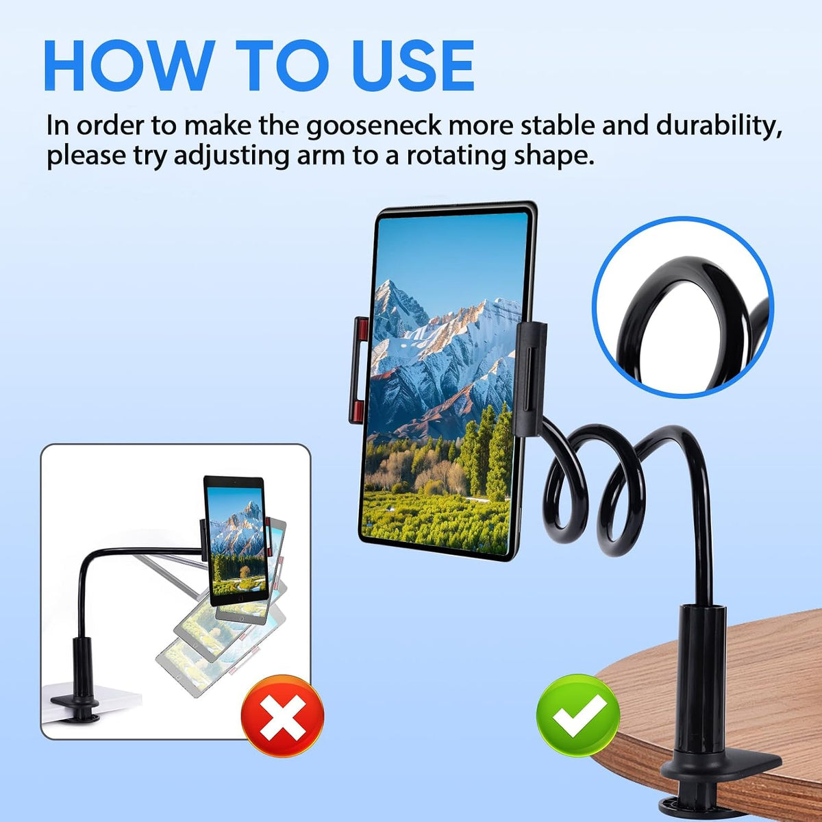Lazy Bracket Gooseneck Tablet Holder for Bed, 360 Flexible Long Arm Adjustable Tablets Stand Clamp for Desk Phone