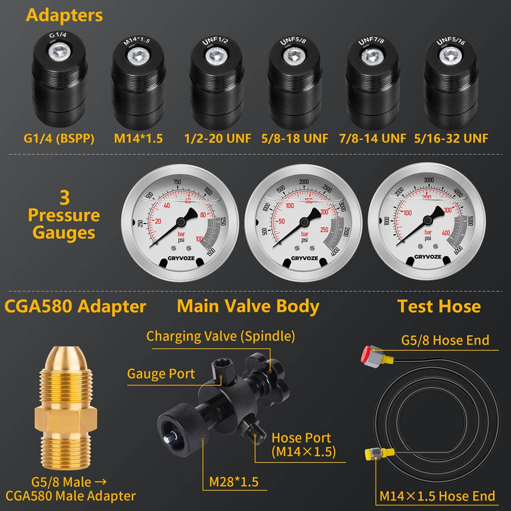 GRYVOZE Hydraulic Nitrogen Accumulator Charging Kit Nitrogen Charge Tool