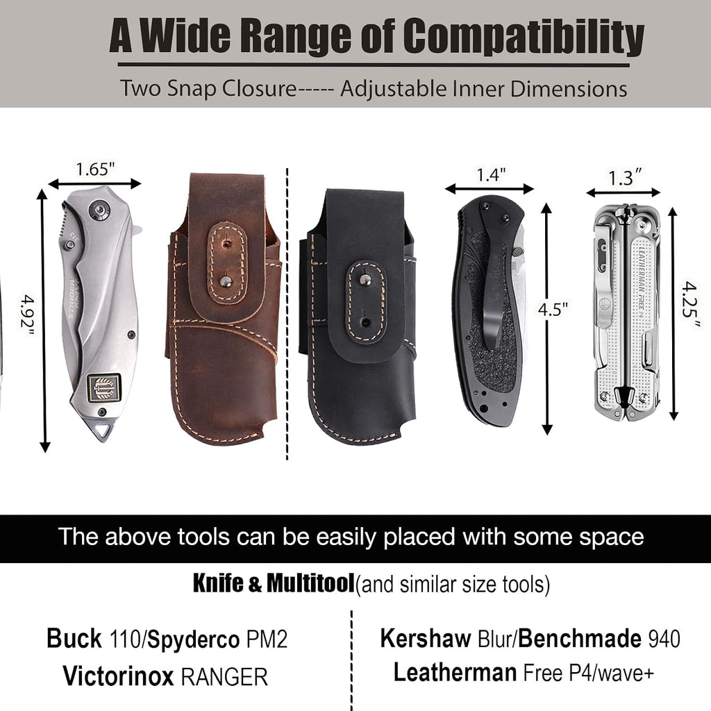 Leather Pocket Knife Sheath - Belt Loop EDC Belt Organizer - Horizontal Carry Knife Holder- Multitool Sheath with Two