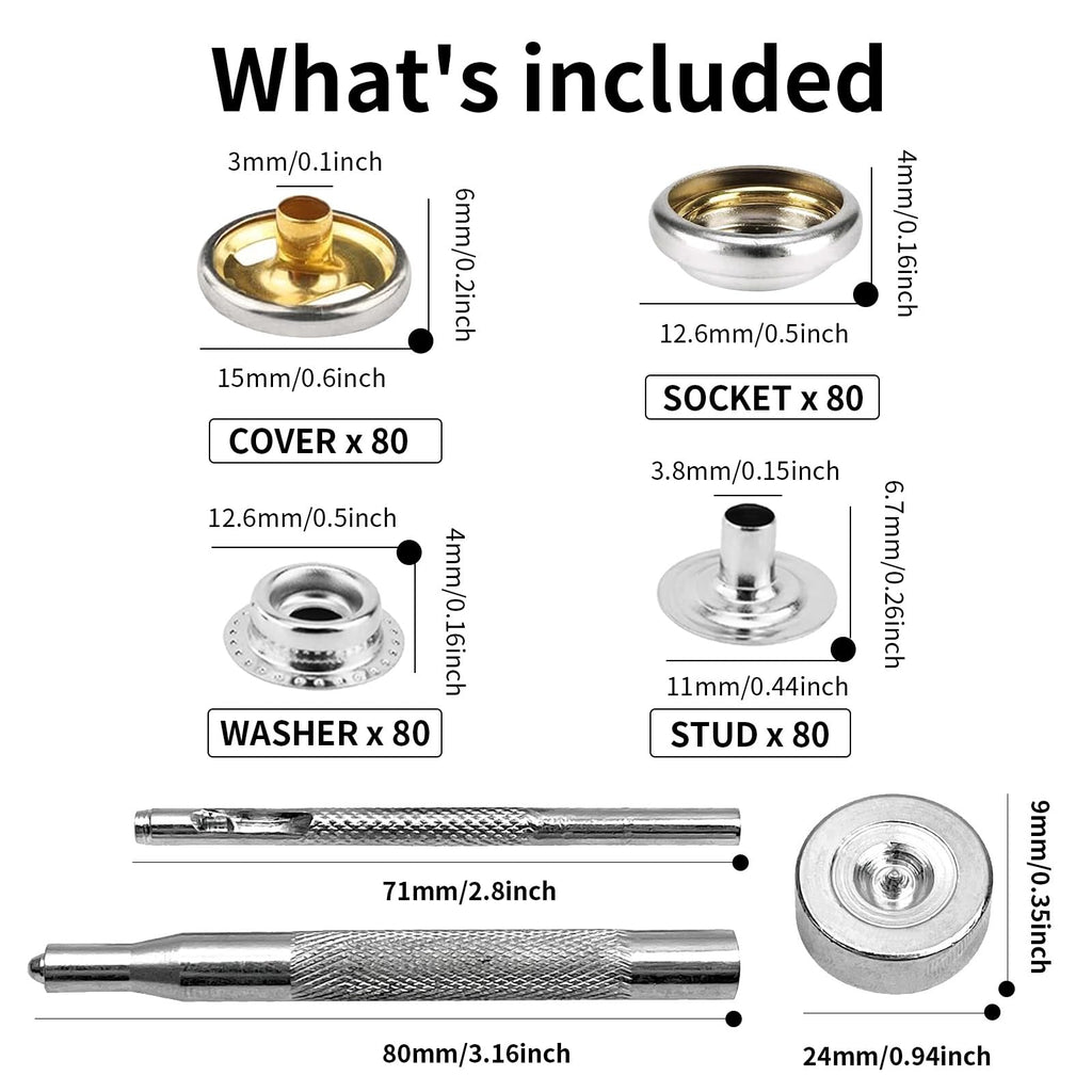 Snap Button, 15mm Snap Fasteners Kit, 320PCS