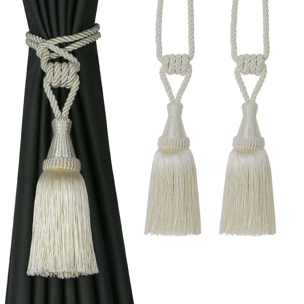 2 Pack Tassel Curtain Tiebacks Handmade Holdbacks (Cream)