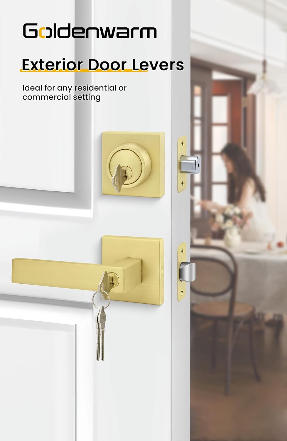 Exterior Door Lock Set Gold Front Door Lock Set, Heavy Duty Zinc-alloyed Front Door Handle and Deadbolt Set (1 Pack)