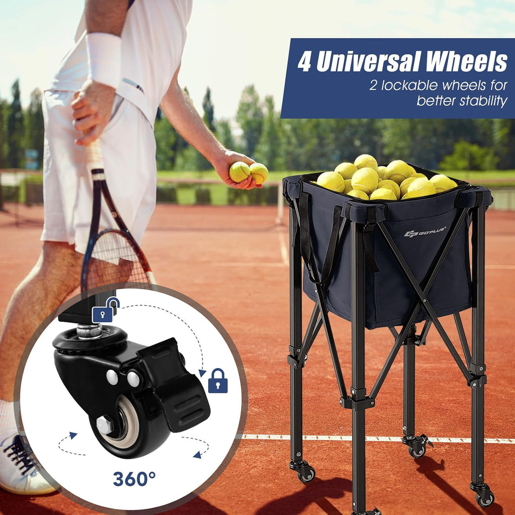 Foldable Tennis Ball Hoppers, Lightweight Aluminum Tennis Ball Basket with Wheels, Removable Bag, Side Pockets, Carry