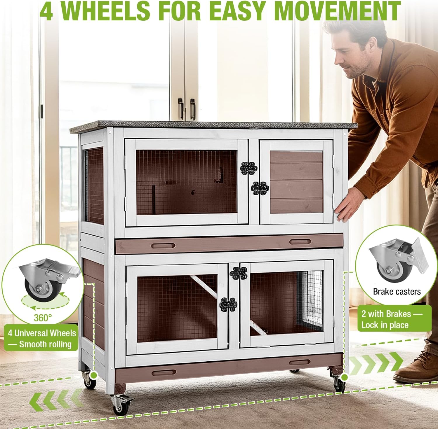 2-Story Rabbit Hutch for 1-2 Bunnies - Indoor Outdoor Wooden Guinea Pig Cages with 4 Wheels, 2 Pull-Out Trays, 5